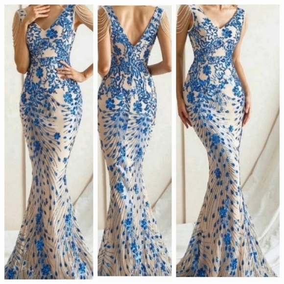 Blue, Floral Print, V Neck,  Beaded Draped Sleeves,  Sequined Mermaid Go… - Picture 2 of 12